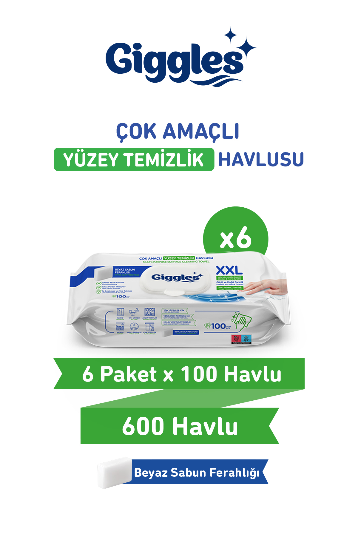 Giggles XXL İz Bırakmayan Yüzey Temizlik Havlusu - (Beyaz Sabun Ferahlığı) 600 Yaprak